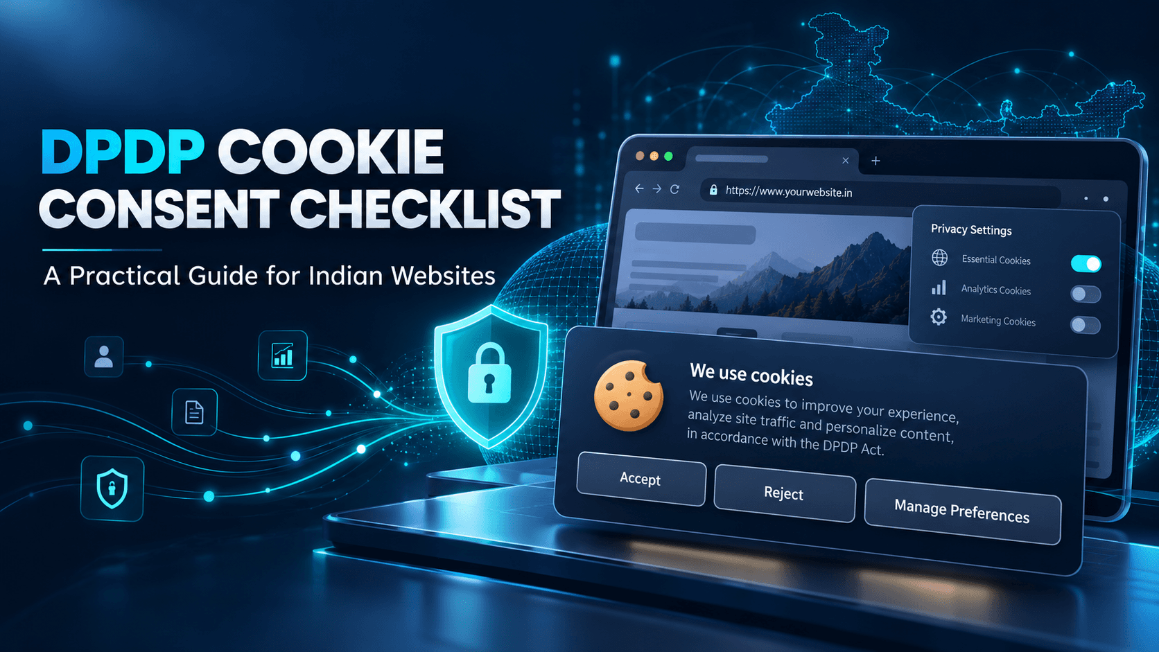 DPDP cookie consent checklist: a website cookie banner with Accept, Reject and Manage Preferences options beside privacy settings for essential, analytics and marketing cookies